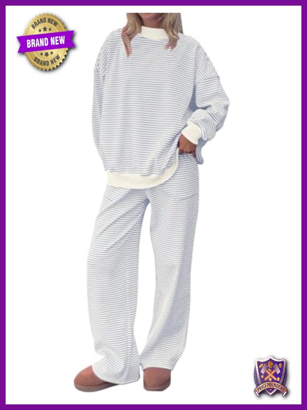 Oversized Striped Mock Neck Sweatsuit Set 2 Piece Cotton Blend Womens Lounge